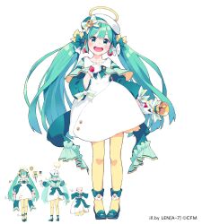 Rule 34 | 1girl, aqua eyes, aqua hair, bell, beret, blush, bow, bowtie, collarbone, color guide, commentary, crypton future media, dress, faceless, from behind, full body, gloves, green bow, green footwear, green ribbon, hair bow, halo, hand on own chest, hat, hatsune miku, highres, holding, holding bell, len (a-7), long hair, multiple views, official art, open mouth, pantyhose, ribbon, simple background, smile, standing, striped ribbon, taito, taito four seasons figure (vocaloid), teeth, twintails, upper teeth only, very long hair, vocaloid, white background, white bow, white dress, white gloves, white headwear, white ribbon, yellow bow, yellow pantyhose