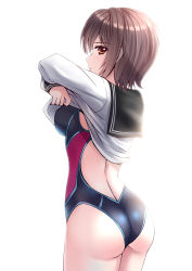 Rule 34 | 1girl, absurdres, ass, black sailor collar, blue one-piece swimsuit, breasts, brown eyes, brown hair, competition swimsuit, highleg, highleg swimsuit, highres, long sleeves, multicolored clothes, multicolored swimsuit, one-piece swimsuit, original, purple one-piece swimsuit, sailor collar, sawwei005, school uniform, serafuku, shirt, short hair, small breasts, solo, swimsuit, swimsuit under clothes, white shirt