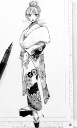 Rule 34 | 1girl, art tools in frame, blush, full body, fur shawl, greyscale, hair up, highres, japanese clothes, kimono, looking at viewer, monochrome, nib pen (medium), nib pen (object), okobo, open mouth, original, pen, photo (medium), print kimono, sandals, shawl, tabi, traditional media, yamagata atsuka
