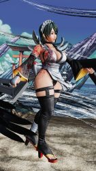 Rule 34 | 1girl, 3d, apron, black hair, black leotard, blood on clothes, breasts, butterfly swords, curvy, highleg, highleg leotard, highres, holding, holding weapon, iroha (samurai spirits), large breasts, leotard, leotard under clothes, lips, looking to the side, maid, maid headdress, ryona, samurai spirits, screencap, shiny skin, short hair, solo, thighhighs, third-party edit, thong leotard, weapon, wide hips