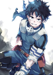 Rule 34 | 1boy, absurdres, belt, belt pouch, bodysuit, boku no hero academia, bruise, dark green hair, freckles, gloves, green bodysuit, highres, injury, knee up, looking at viewer, male focus, mask, unworn mask, midoriya izuku, parted lips, pouch, r1014-chopper, shoes, sky, sneakers, solo, teeth, torn clothes, white gloves, white sky