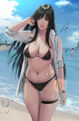 Rule 34 | 1girl, arm at side, arm up, beach, bikini, black bikini, black hair, blue sky, blurry, blurry background, bracelet, breasts, brown eyes, collared shirt, commentary request, covered erect nipples, day, depth of field, gantz, highres, jeneral, jewelry, lens flare, long hair, looking at viewer, medium breasts, mole, mole on body, mole on thigh, navel, open clothes, open shirt, shimohira reika, shirt, side-tie bikini bottom, skindentation, sky, sleeves rolled up, solo focus, standing, swimsuit, thigh strap, water, white shirt, wind
