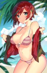 Rule 34 | 10s, 1girl, bad id, bad pixiv id, beach, bikini, black jacket, blue sky, blurry, breasts, brown hair, chrono (himadon), cleavage, cloud, cowboy shot, day, depth of field, front-tie top, green eyes, highres, jacket, leaf, looking at viewer, lostorage wixoss, medium breasts, open clothes, open jacket, outdoors, ril (wixoss), short hair, sky, solo, striped bikini, striped clothes, swimsuit, wixoss