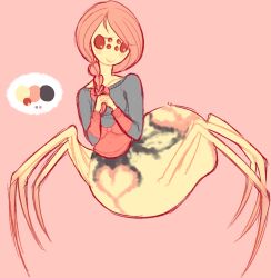 Rule 34 | 1girl, blush, blush stickers, bottomless, braid, extra eyes, arthropod girl, long hair, looking at viewer, monster girl, multiple legs, pink hair, red eyes, simple background, single braid, smile, spider girl, sweater
