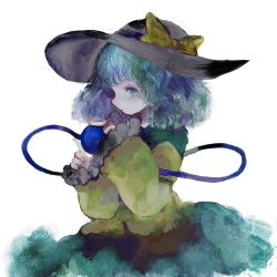 Rule 34 | 1girl, closed mouth, collared shirt, eyeball, frilled sleeves, frills, green eyes, green hair, hat, heart, heart of string, highres, komeiji koishi, long sleeves, looking at viewer, profile, ribbon, sano naoi, shirt, simple background, skirt, smile, solo, third eye, touhou, upper body, wavy hair, white background, wide sleeves, yellow ribbon, yellow shirt