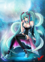 Rule 34 | 1girl, absurdres, aqua hair, artist name, bad id, bad pixiv id, black thighhighs, breasts, choker, detached sleeves, green eyes, hair ribbon, hatsune miku, high heels, highres, jewelry, large breasts, legs, long hair, long legs, necklace, rayka, ribbon, shoes, sitting, solo, thighhighs, thighs, twintails, very long hair, vocaloid, zettai ryouiki