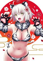 Rule 34 | 1girl, absurdres, ahoge, animal ears, bare shoulders, bikini, blush, breasts, claw pose, cleavage, elbow gloves, fake animal ears, fate/grand order, fate (series), fingerless gloves, fur-trimmed gloves, fur collar, fur trim, gloves, harukey, highres, jeanne d&#039;arc (fate), jeanne d&#039;arc alter (avenger) (fate), jeanne d&#039;arc alter (fate), large breasts, looking at viewer, open mouth, short hair, silver hair, solo, swimsuit, tail, tiger ears, tiger stripes, tiger tail, white bikini, yellow eyes