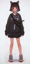 Rule 34 | 1girl, animal ears, bag, brown eyes, brown hair, cat ears, cat tail, clenched hands, closed mouth, full body, highres, hood, hood down, hoodie, long hoodie, long sleeves, looking at viewer, mark simonov, original, shoes, short hair, simple background, smile, sneakers, solo, tail, white background