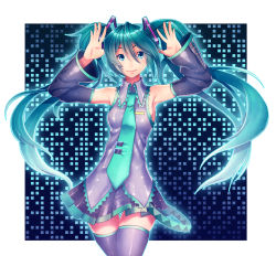 Rule 34 | 1girl, armpits, arms up, bad id, bad pixiv id, detached sleeves, hatsune miku, highres, long hair, necktie, shame (sketch shot), skirt, solo, thigh gap, thighhighs, twintails, very long hair, vocaloid