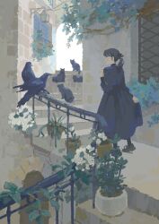 Rule 34 | 1girl, animal, arch, bird, black bird, black cat, black dress, black eyes, black pantyhose, cat, closed mouth, commentary request, crow, dress, grey footwear, hand up, highres, lantern, long sleeves, looking at animal, medium hair, minatake, original, outdoors, pantyhose, plant, ponytail, potted plant, profile, railing, shoes, skirt hold, solo, stairs, standing, window shutter