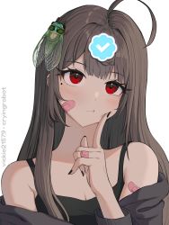 Rule 34 | 1girl, ahoge, artist name, bandaid, black camisole, black jacket, black nails, black shirt, brown hair, bug, camisole, cicada, closed mouth, commentary, hand on own cheek, hand on own face, highres, insect, jacket, jacket partially removed, long hair, looking up, mole, mole under eye, nail polish, original, pout, red eyes, shirt, sidelocks, simple background, sleeveless, sleeveless shirt, solo, thinking, twitter verified checkmark, upper body, vickie (cryingrobot), white background