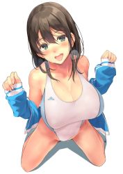 Rule 34 | 1girl, amamiya natsumi, bad id, bad twitter id, black hair, blue jacket, breasts, breath, cleavage, competition swimsuit, from above, full body, green eyes, highres, jacket, kekemotsu, kneeling, large breasts, looking at viewer, one-piece swimsuit, open mouth, original, short hair, simple background, solo, swimsuit, tongue, tongue out, white background, white one-piece swimsuit