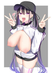 Rule 34 | 1girl, baseball cap, breasts, breasts out, double v, fang, hat, highres, huge breasts, jirai kei, kitajima yuuki, long hair, looking at viewer, mole, mole on breast, nipples, open mouth, original, skindentation, solo, thighhighs, tongue, tongue out, v, white thighhighs