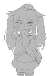 Rule 34 | 1girl, aged down, alchemilla menace, animal ears, blush, cat ears, commentary, cyberlive, english commentary, greyscale, hat, holding, holding toy, kindergarten uniform, long hair, lunarisbloom, monochrome, school hat, sketch, smile, solo, thighhighs, toy, twintails, virtual youtuber