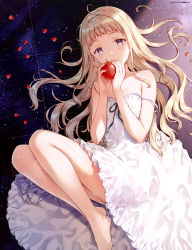 Rule 34 | absurdres, apple, blonde hair, blush, dress, floor, food, from above, fruit, hair spread out, highres, hime cut, hiten (hitenkei), holding, holding food, legs, legs up, long hair, looking at viewer, lying, on floor, petals, purple eyes, strap slip, sundress, white dress
