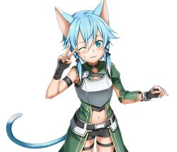 Rule 34 | 1girl, ;), animal ears, armor, black ribbon, black shorts, blue eyes, blue hair, breastplate, cat ears, cat tail, hair ornament, hair ribbon, midriff, navel, one eye closed, parted lips, ribbon, short hair with long locks, short shorts, shorts, sidelocks, sinon (sao-alo), slit pupils, smile, solo, standing, stomach, sweatdrop, sword art online, tail, transparent background, v