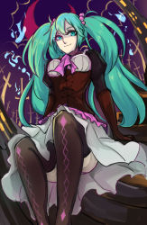 Rule 34 | 1girl, alternate costume, aqua eyes, aqua hair, ascot, black thighhighs, breasts, brown gloves, corset, crescent moon, elbow gloves, eyelashes, gloves, gothic lolita, gradient background, hair bobbles, hair ornament, hatsune miku, lolita fashion, long hair, long skirt, long sleeves, looking at viewer, moon, puffy long sleeves, puffy sleeves, sitting, skirt, small breasts, solo, thighhighs, twintails, vocaloid, yggdrasil (664018742)