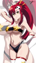 Rule 34 | 1girl, absurdres, arm up, artist name, bikini, black bikini, breasts, cleavage, closed mouth, cowboy shot, gloves, hair ornament, hand on own hip, high ponytail, highres, indexxryo, large breasts, long hair, navel, red hair, sidelocks, skull hair ornament, smile, solo, star (symbol), stomach, swimsuit, tengen toppa gurren lagann, thighhighs, very long hair, white gloves, white thighhighs, yellow eyes, yoko littner, zoom layer