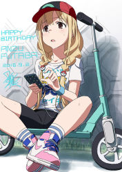 Rule 34 | 10s, 1girl, 2016, bike shorts, blonde hair, brown eyes, cellphone, creatures (company), dated, futaba anzu, game freak, happy birthday, hat, idolmaster, idolmaster cinderella girls, kick scooter, long hair, low twintails, nintendo, outdoors, phone, pokemon, pokemon go, shoes, signature, sitting, smartphone, sneakers, socks, solo, striped clothes, striped socks, sweat, taku1122, twintails