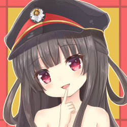 Rule 34 | 1girl, :d, bad id, bad pixiv id, black hair, black hat, blunt bangs, blush, collarbone, commentary request, finger to mouth, fingernails, hachiroku (maitetsu), hair rings, hat, head tilt, long hair, maitetsu, nude, open mouth, peaked cap, red eyes, smile, solo, sunameri (pixiv3564245)