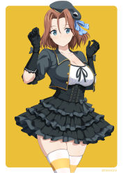 Rule 34 | 1girl, azumi (girls und panzer), black gloves, black ribbon, black skirt, blouse, blue bow, blue eyes, border, bow, breasts, brown hair, cleavage, collarbone, collared jacket, cowboy shot, elbow gloves, girls und panzer, girls und panzer senshadou daisakusen!, gloves, grey bow, grey headwear, grey jacket, hair between eyes, hair bow, hair intakes, high-waist skirt, idol, inoshira, jacket, large breasts, layered skirt, looking at viewer, neck ribbon, official alternate costume, open clothes, open jacket, outside border, ribbon, shirt, short hair, simple background, skindentation, skirt, solo, standing, striped clothes, striped thighhighs, thighhighs, twitter username, white border, white shirt, wing collar, wrist bow, yellow background, zettai ryouiki