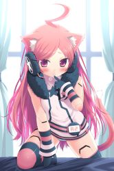Rule 34 | 1girl, ahoge, amamiya minato, android, animal ears, bad id, bad pixiv id, belt, blush, boots, cat ears, cat tail, dress, finger to mouth, gloves, headphones, highres, joints, kneehighs, long hair, panties, pink eyes, pink hair, purple eyes, red eyes, robot joints, sf-a2 miki, short dress, socks, solo, star (symbol), striped clothes, striped gloves, striped socks, tail, underwear, upskirt, vocaloid, wrist cuffs