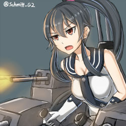Rule 34 | 10s, 1girl, anchor symbol, bare shoulders, black hair, breasts, firing, gloves, kantai collection, large breasts, machinery, open mouth, ponytail, red eyes, sailor collar, solo, twitter username, white gloves, yahagi (kancolle), yakob labo