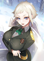 Rule 34 | 10s, 1girl, bad id, bad pixiv id, blonde hair, blouse, blue eyes, breasts, cleavage, collared shirt, from above, highres, large breasts, long sleeves, looking at viewer, maerchen maedchen, maria rasputin, ohisashiburi, outdoors, shirt, short hair, snowing, solo, white shirt