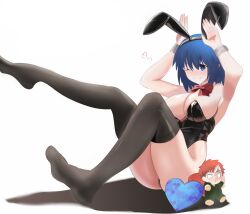 Rule 34 | 1girl, absurdres, animal ears, black thighhighs, blue eyes, blue hair, blush, breasts, character doll, ciel (tsukihime), cleavage, commentary, emiya shirou, emiya shirou (prisma illya), english commentary, highres, large breasts, leotard, long sleeves, melty blood, playboy bunny, rabbit ears, red hair, shokobr, short hair, simple background, smile, socks, solo, thighhighs, thighs, tsukihime, tsukihime (remake), type-moon