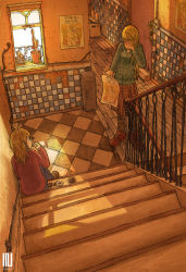 Rule 34 | 2girls, antenna hair, blonde hair, box, cactus, cardboard box, checkered floor, cigarette, fire extinguisher, floor, hair ornament, hairclip, highres, inukoko, long hair, multiple girls, no smoking, original, plant, potted plant, sitting, sitting on stairs, smoking, stairs, tiles, window