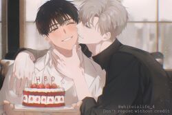 Rule 34 | 2boys, birthday cake, black hair, black shirt, blush, cake, coat, collared shirt, food, grey hair, grin, highres, ilay riegrow, indoors, jeong taeui, jewelry, kiss, kissing cheek, light particles, male focus, multiple boys, one eye closed, passion (manhwa), ring, shirt, smile, strawberry cake, teeth, twitter username, upper body, white coat, whiteislife 4, window, yaoi