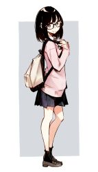 Rule 34 | 1girl, backpack, bag, black-framed eyewear, black skirt, black socks, blush, brown footwear, closed mouth, collared shirt, full body, glasses, highres, inato serere, loafers, long sleeves, looking at viewer, miniskirt, original, pink sweater, pleated skirt, school uniform, shirt, shoes, short hair, simple background, skirt, sleeves past wrists, smile, socks, solo, standing, sweater, white shirt