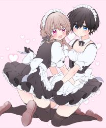 Rule 34 | 2girls, black bow, black gloves, black thighhighs, blonde hair, blue eyes, blush, bow, bowtie, brown footwear, brown hair, cross-laced clothes, cross-laced dress, gloves, hair bow, hair bun, heart, heart background, highres, looking at another, looking at viewer, maid, maid headdress, mary janes, multiple girls, open mouth, original, pink background, pink eyes, rinlaby, shoes, thighhighs, tomboy, twintails, waist bow, white bow, white gloves, yuri