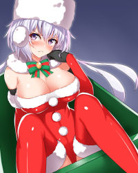 Rule 34 | 1girl, bare shoulders, blush, breasts, chair, christmas, cleavage, collarbone, commentary request, dutch angle, etan14, frown, fur trim, gloves, hat, highres, large breasts, leotard, light purple hair, long hair, looking at viewer, low-tied long hair, purple eyes, red leotard, red thighhighs, senki zesshou symphogear, shiny clothes, shiny skin, sitting, solo, thighhighs, twintails, yukine chris