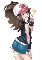 Rule 34 | 1girl, absurdres, ass, blush, breasts, creatures (company), denim, denim shorts, female focus, game freak, gupunetsu, highres, hilda (pokemon), huge ass, lips, nintendo, pokemon, pokemon bw, short shorts, shorts, small breasts, solo, tagme, thick thighs, thighs, torn clothes