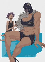 Rule 34 | 2girls, abs, artist request, breasts, character name, dorohedoro, earrings, ebisu (dorohedoro), gloves, highres, jewelry, large breasts, long hair, mask, multiple girls, muscular, muscular female, navel, no eyebrows, noi (dorohedoro), one-piece swimsuit, shorts, simple background, swimsuit, tall female, tank top, white hair