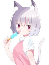 Rule 34 | 1girl, absurdres, animal ear fluff, animal ears, ashitaba kemo, bandaid, bandaid on cheek, bandaid on face, blush stickers, cat ears, cat girl, cat tail, closed mouth, collared shirt, commentary request, dress, food, from side, grey hair, hair between eyes, highres, holding, holding food, looking at viewer, looking to the side, original, pink dress, popsicle, puffy short sleeves, puffy sleeves, purple eyes, shirt, short sleeves, simple background, sleeveless, sleeveless dress, solo, tail, tail raised, upper body, white background, white shirt