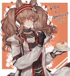 Rule 34 | 1girl, angelina (arknights), animal ears, arknights, bad id, bad pixiv id, birthday, black choker, black gloves, black shirt, brown hair, cake, cake slice, chise (cym23730), choker, commentary, food, fork, fox ears, fox girl, gloves, hairband, heart, highres, holding, holding fork, holding plate, infection monitor (arknights), jacket, korean commentary, long hair, long sleeves, open clothes, open jacket, orange eyes, plate, red eyes, red hairband, shirt, smile, solo, twintails, two-tone background, two-tone gloves, two-tone hairband, upper body, very long hair, white background, white gloves, white jacket