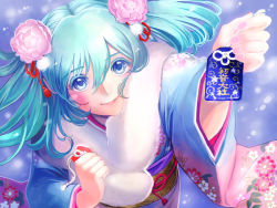 Rule 34 | 1girl, aqua hair, blue eyes, hatsune miku, hetare oekaki, japanese clothes, kimono, meusan, solo, twintails, vocaloid