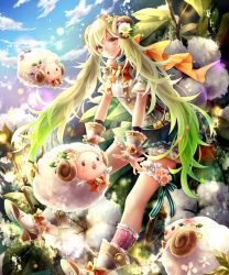 Rule 34 | anklet, bad id, bad pixiv id, bell, blonde hair, blue sky, bow, cloud, cresce, day, fingerless gloves, flower, gloves, gradient hair, green hair, green skirt, head wreath, horns, jewelry, kneehighs, multicolored hair, official art, original, outstretched arms, pink socks, red eyes, sheep, sheep horns, shingoku no valhalla gate, shoes, skirt, sky, socks, solo, twintails