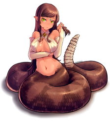 Rule 34 | 1girl, breasts, brown hair, cleavage, dated, female focus, foxfoot, frown, green eyes, halterneck, head tilt, lamia, large breasts, long hair, midriff, monster girl, navel, original, playing with own hair, pointy ears, rattlesnake, scales, sideboob, simple background, sitting, slit pupils, solo, underboob, very long hair, white background