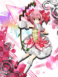 Rule 34 | 10s, 1girl, arrow (projectile), bow (weapon), bubble skirt, checkered background, gloves, hair ribbon, highres, kaname madoka, light smile, magical girl, mahou shoujo madoka magica, mahou shoujo madoka magica (anime), pink eyes, pink hair, ribbon, senka shion, shoes, short hair, skirt, solo, twintails, weapon, white gloves