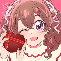 Rule 34 | 1girl, brown hair, candy, chocolate, chocolate heart, delicious party precure, food, hair ornament, hair ribbon, hairclip, heart, heart hair ornament, highres, long hair, nagomi yui, one eye closed, open mouth, precure, purple eyes, ribbon, smile, solo, valentine, wavy hair, yufu kyouko