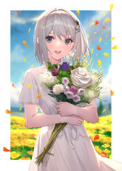 Rule 34 | 1girl, absurdres, blue eyes, blue sky, blurry, blurry background, bouquet, cloud, commentary request, day, dress, field, flower, flower field, grey hair, hair ornament, highres, holding, holding bouquet, looking at viewer, open mouth, original, outdoors, petals, short hair, short sleeves, sky, solo, takubon, teeth, white dress