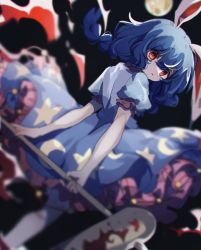 Rule 34 | 1girl, animal ears, ayahi 4, back, black sky, blood, bloody weapon, bloomers, blue dress, blue hair, blurry, braid, commentary request, crescent print, dress, eyes visible through hair, frills, from behind, hair between eyes, hair ornament, hammer, highres, leg up, looking at viewer, looking back, medium hair, moon, night, night sky, open mouth, puffy short sleeves, puffy sleeves, rabbit ears, red eyes, seiran (touhou), short sleeves, sky, solo, standing, standing on one leg, star (symbol), star print, touhou, twin braids, underwear, weapon