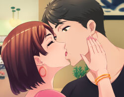 Rule 34 | 1boy, 1girl, bangle, black hair, black shirt, bracelet, brown hair, cheating (relationship), closed eyes, collarbone, earrings, french kiss, hand on another&#039;s face, highres, indoors, jewelry, kiss, looking at another, mature female, mole, mole under eye, nail polish, original, pink nails, pink shirt, renemu, saliva, shirt, short hair, yellow eyes