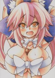 Rule 34 | 10s, 1girl, animal ears, arms up, blush, bow, breasts, brown hair, cleavage, colored pencil (medium), fang, fate/extra, fate (series), fox ears, gift wrapping, hair bow, large breasts, marker (medium), millipen (medium), naked ribbon, open mouth, pink hair, ribbon, simple background, skindentation, slit pupils, solo, tamamo no mae (fate/extra), traditional media, upper body, white background, yutakasan-love