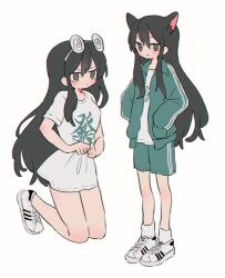 1girl animal_ears black_eyes black_hair cat_ears character_request closed_mouth coke-bottle_glasses copyright_request glasses green_jacket green_shorts highres jacket kneeling long_hair looking_at_viewer ri_(qrcode) shirt shoes shorts simple_background sneakers socks solo standing track_jacket white_background white_footwear white_shirt white_socks