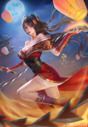 Rule 34 | 1girl, absurdres, architecture, artist request, bare shoulders, boots, breasts, building, chi lian (qin shi ming yue), closed eyes, cloud, dress, east asian architecture, fire, fog, highres, holding, holding whip, jewelry, lantern, large breasts, leg up, long hair, moon, night, qinshi mingyue, red dress, sash, second-party source, smile, solo
