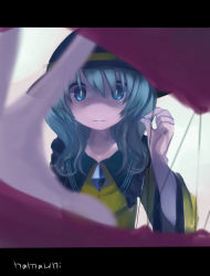 Rule 34 | 1girl, eyeball, green eyes, green hair, hat, highres, komeiji koishi, letterboxed, matching hair/eyes, namauni, needle, sewing, shaded face, short hair, simple background, smile, solo, stitched, stitches, string, third-party edit, third eye, touhou, upper body, white background